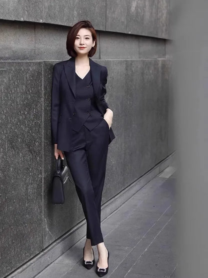 Formal Navy Blue Women 3 Piece Suit Single Breasted Peak Lapel Coat Vest Pants Custom Casual Party Prom Women Dress Pant Suits
