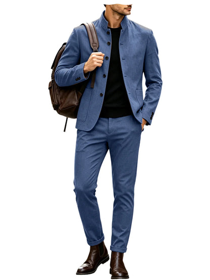 Men Stand Collar Linen Blazer Set Slim Fit 2 Pieces Jacket Pants Breathable Wrinkle‑Resistant Vintage Casual Business Outerwear