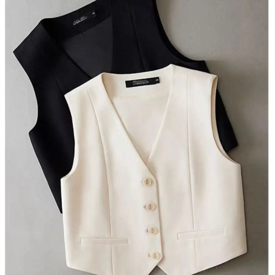 Women Fashion White Black Suit Vest New Short Style Sleeveless Jacket Office Lady V-Neck Casual Lined Blazers Vest Waistcoat