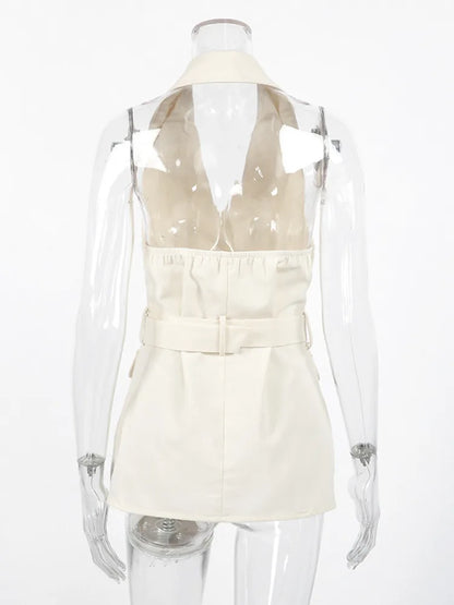 Women Solid Halter Neck Sleeveless Linen Blend Blazer Vest Waist Belted Single Button Longline Office Casual Top 2026