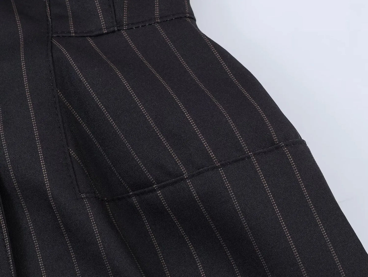 Women New Fashion Charcoal Gray Pinstripe Double-breasted Blazer Coat Female Versatile Lapel Long Sleeve Office Suit Jacket