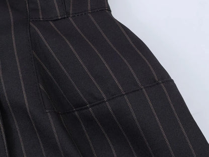 Women New Fashion Charcoal Gray Pinstripe Double-breasted Blazer Coat Female Versatile Lapel Long Sleeve Office Suit Jacket