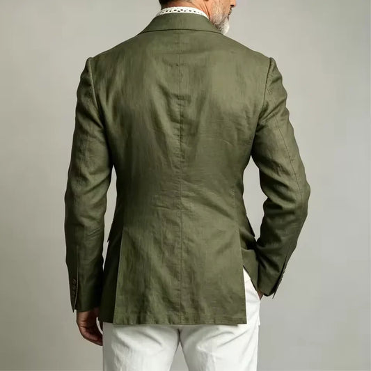 Men's Double Breasted Linen Blend Blazer Slim Fit Peak Lapel Summer Wedding