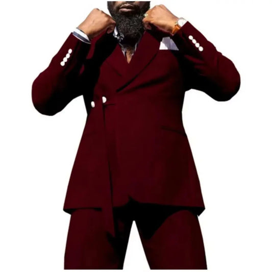 Burgundy Groomsmen Tuxedo Male Suits Two Button Peak Lapel Wedding Best Man Blazer Set (Jacket+Pant) New Arrival