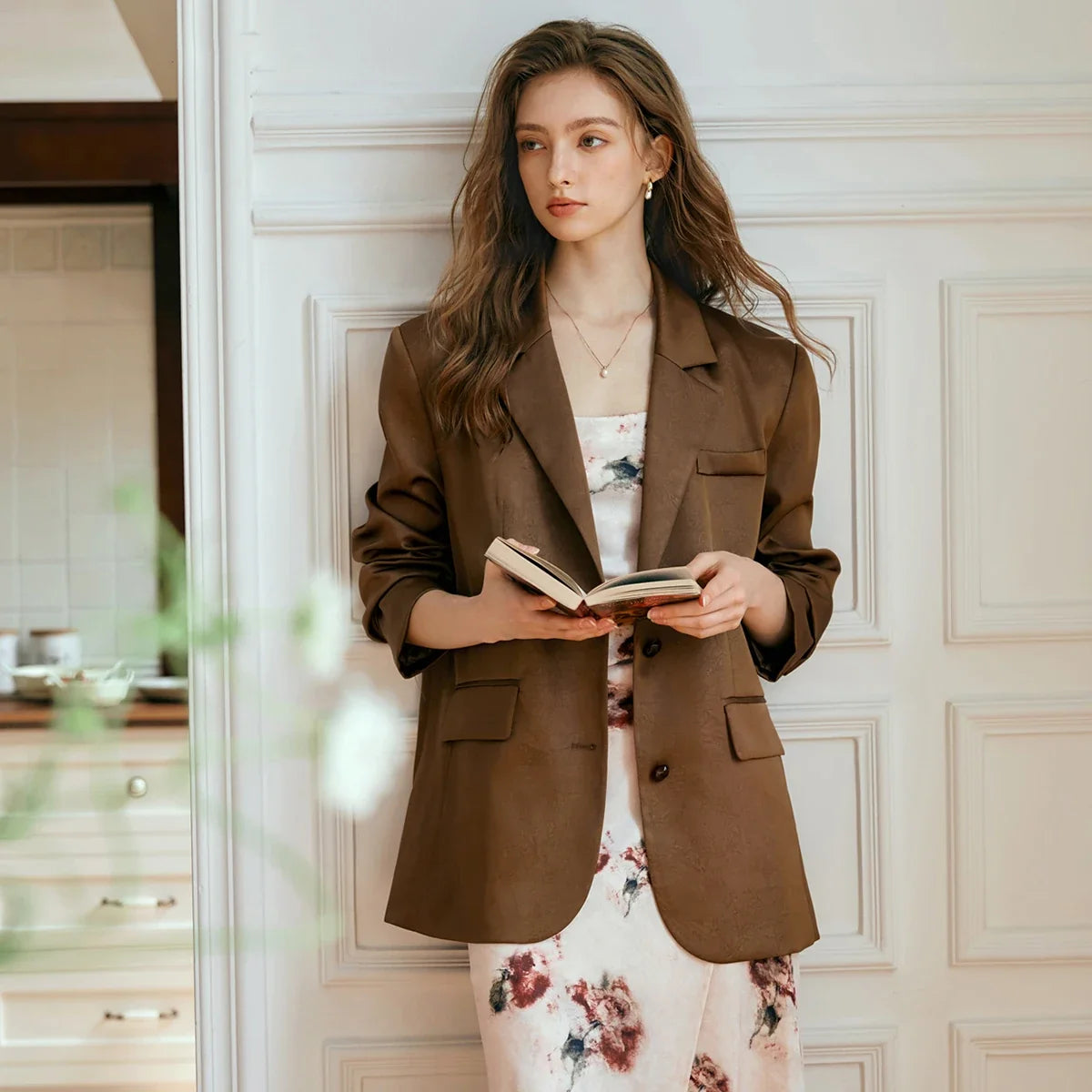 Women's French Style Coffee Blazer Vintage Suit Jacket 2026 Spring Autumn Jacquard Woven Draped Outwear Tops GM56QW93281
