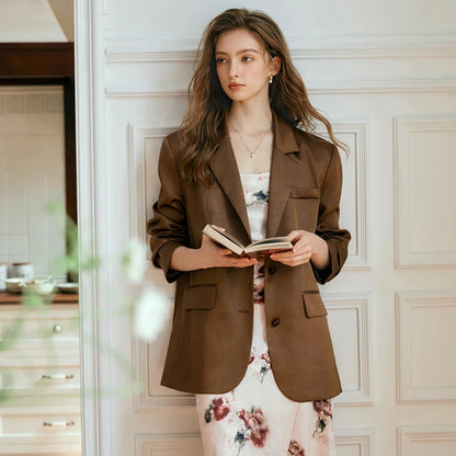 Women's French Style Coffee Blazer Vintage Suit Jacket 2026 Spring Autumn Jacquard Woven Draped Outwear Tops GM56QW93281