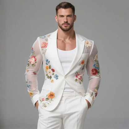 Men's Elegant See-Through Floral Print Single-Breasted Blazer