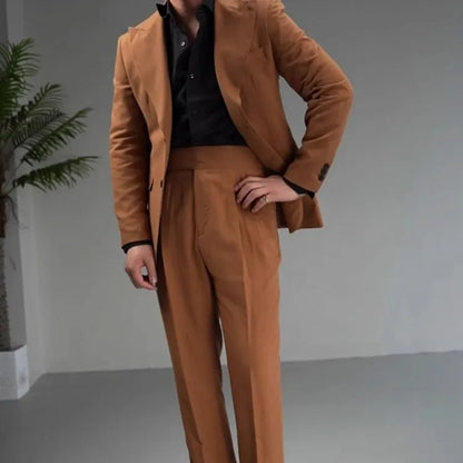 Vintage Business Men Work Suit Set High Quality Cotton Linen Blazer Jacket Pants Two Piece Set Slim Fit Groom Wedding Dress Suit