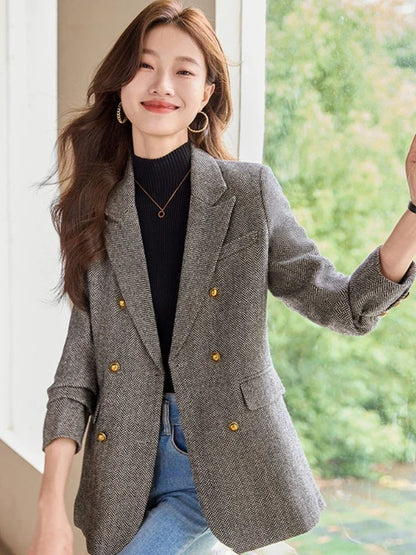Fashion Grey Blazer Women Coffee Long Sleeve Casual Jacket for Autumn Winter Female Coats Double-Breasted Suit Women’s Clothing