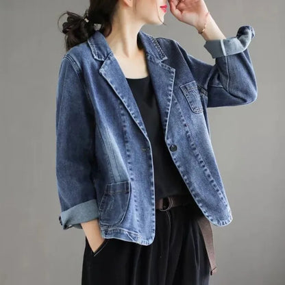 Women's Casual Denim Blazer Loose Fit Notched Lapel Single Button Jean Jacket