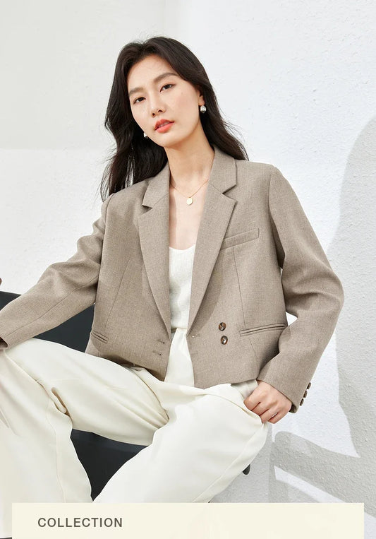 Women Cropped Blazer Jacket 2026 Autumn Solid Elegant Office Business Tailored Coats Notched Collar Female Outerwear M513
