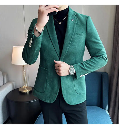 British Style Autumn Suede Business Casual Suit Jacket for Men High Quality Social Office Blazers Wedding Groom Dress Coats