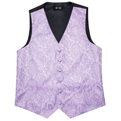 Men's Jacquard Floral Waistcoat Set with Tie, Pocket Square & Cufflinks – Purple Paisley, Wedding & Business