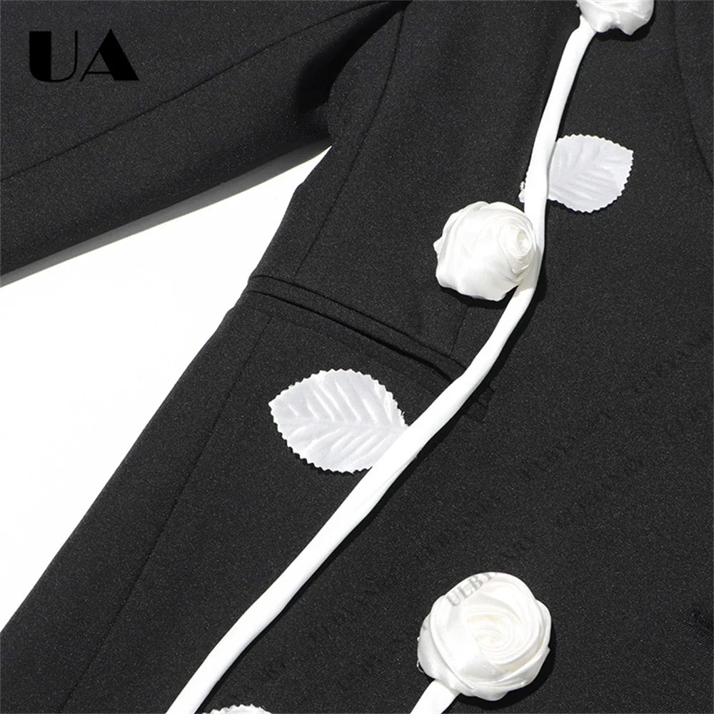 Unique Design Women’s Blazer – Black, 3D White Rose, Long Sleeve, Button Closure, Work Date Jacket Office Casual Jacket