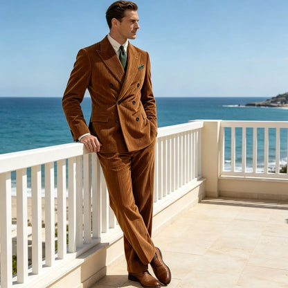 Men's Corduroy Suit 2 Piece Retro Double Breasted Peak Lapel Blazer Straight Leg Pants Formal Set Business Casual Wedding Party