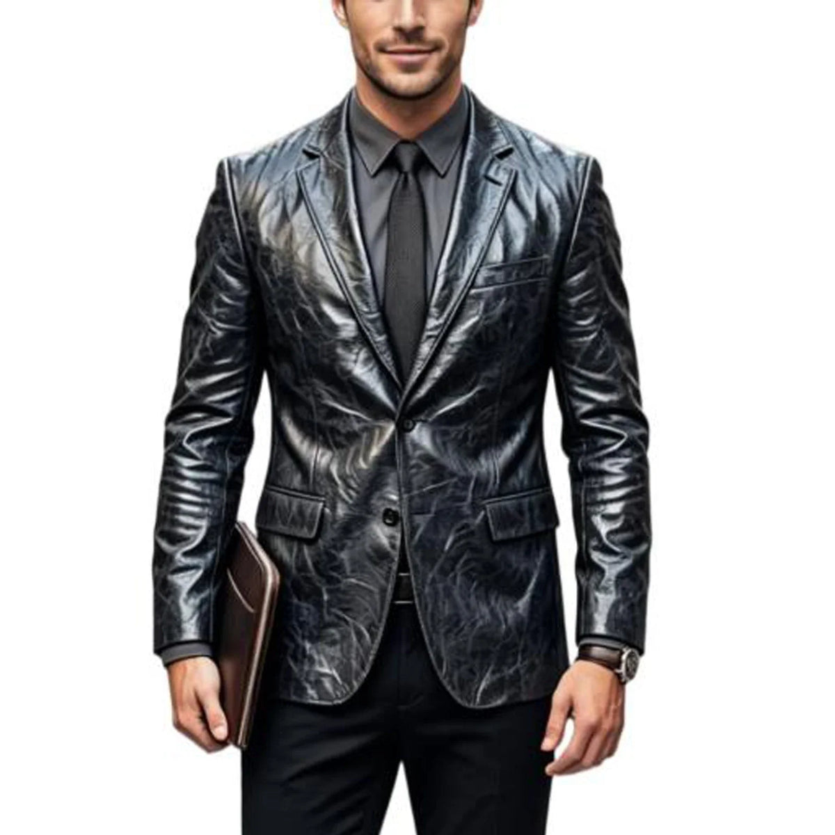 Vintage Wrinkled Men's PU Leather Blazer Slim Fit Notched Lapel Business Suit Jacket Two Button Casual Sport Coats for Office