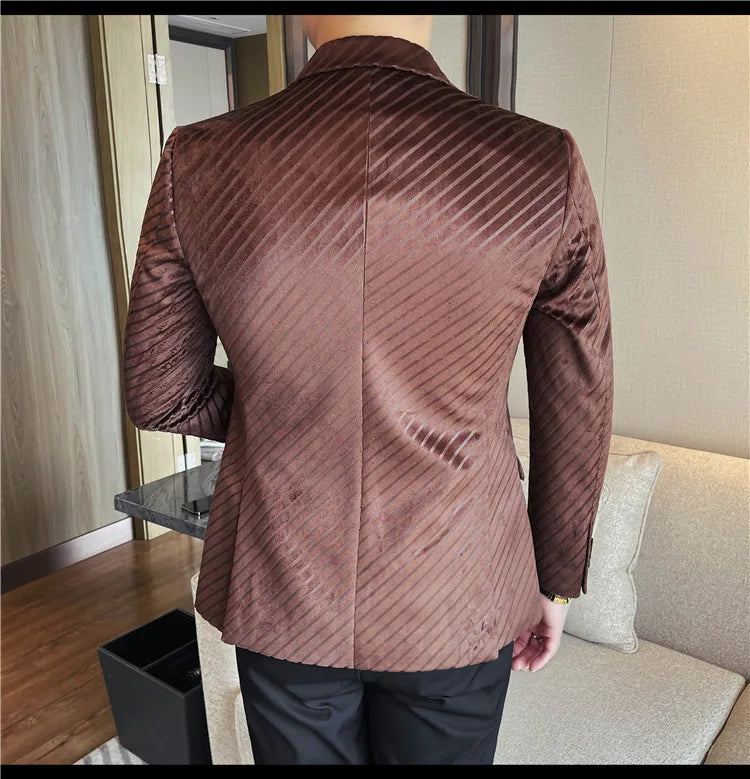 British Style Double Breasted Suit Jacket Men Striped Casual Business Blazers High Quality Wedding Social Banquet Dress Coats