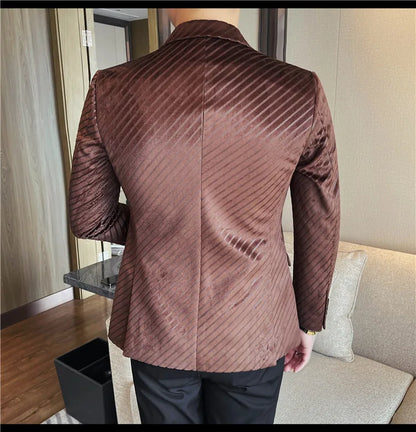 British Style Double Breasted Suit Jacket Men Striped Casual Business Blazers High Quality Wedding Social Banquet Dress Coats