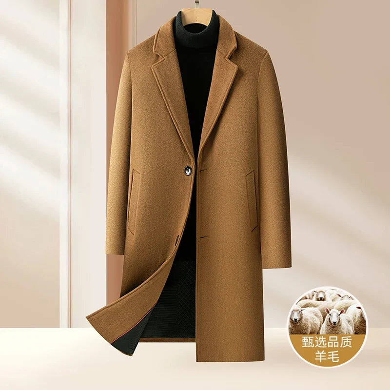 High-quality men's fashionable British style, stylish and versatile solid color casual new thickened long woolen coat