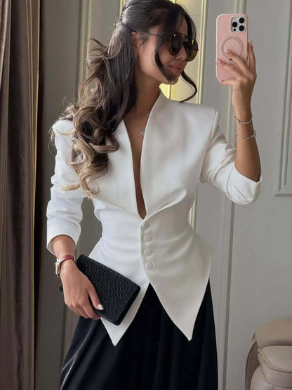 Women Blazer White Slim Fit Blazer Jacket Long Sleeve Deep V Neck Button Front Asymmetrical Hem Office Casual Elegant Jacket