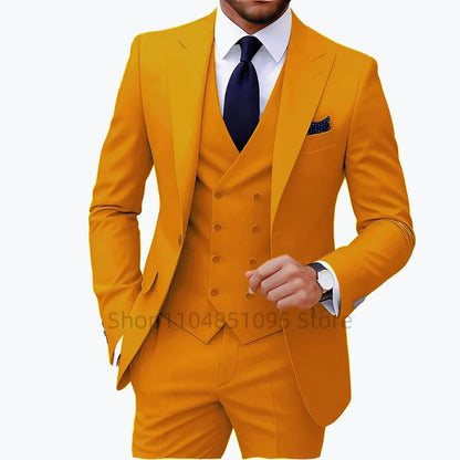 Solid Color Fashion Men Formal Business Suits Wedding Suit Slim Fit Groom Tuxedos 3 Pcs Set Dress Peak Lapel Blazer Vest Pants