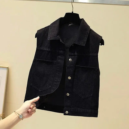 Women's Hot Drill Denim Vest Cropped Sleeveless Top Korean Fashion Streetwear Diamond Designer Vest Coat Trendy Jeans Waistcoat