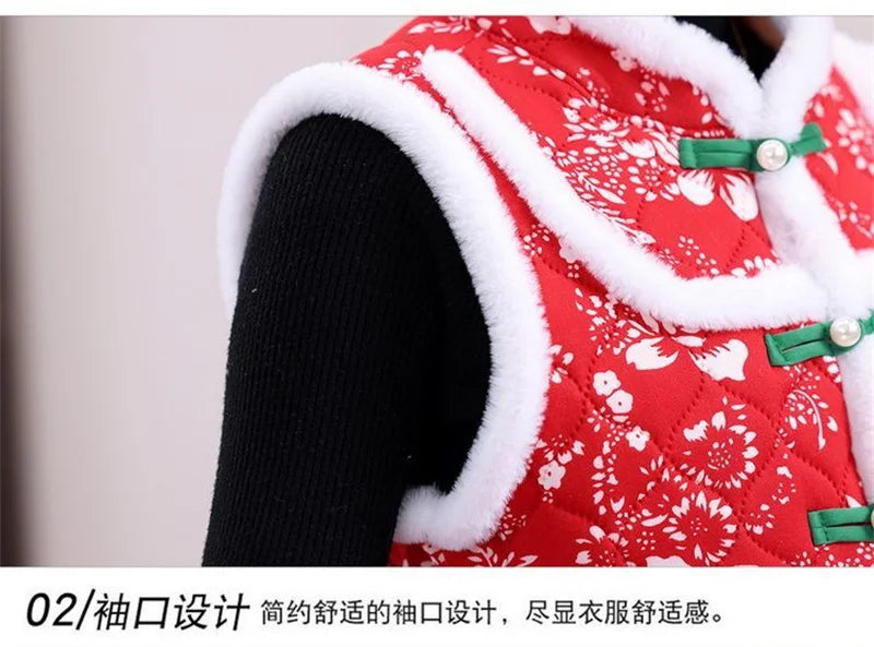 Middle-aged Mother Add Velvet Warm Vest Coat Autumn Winter New Printed Fleece Sleeveless Jacket Grandma Thicken Warm Waistcoat