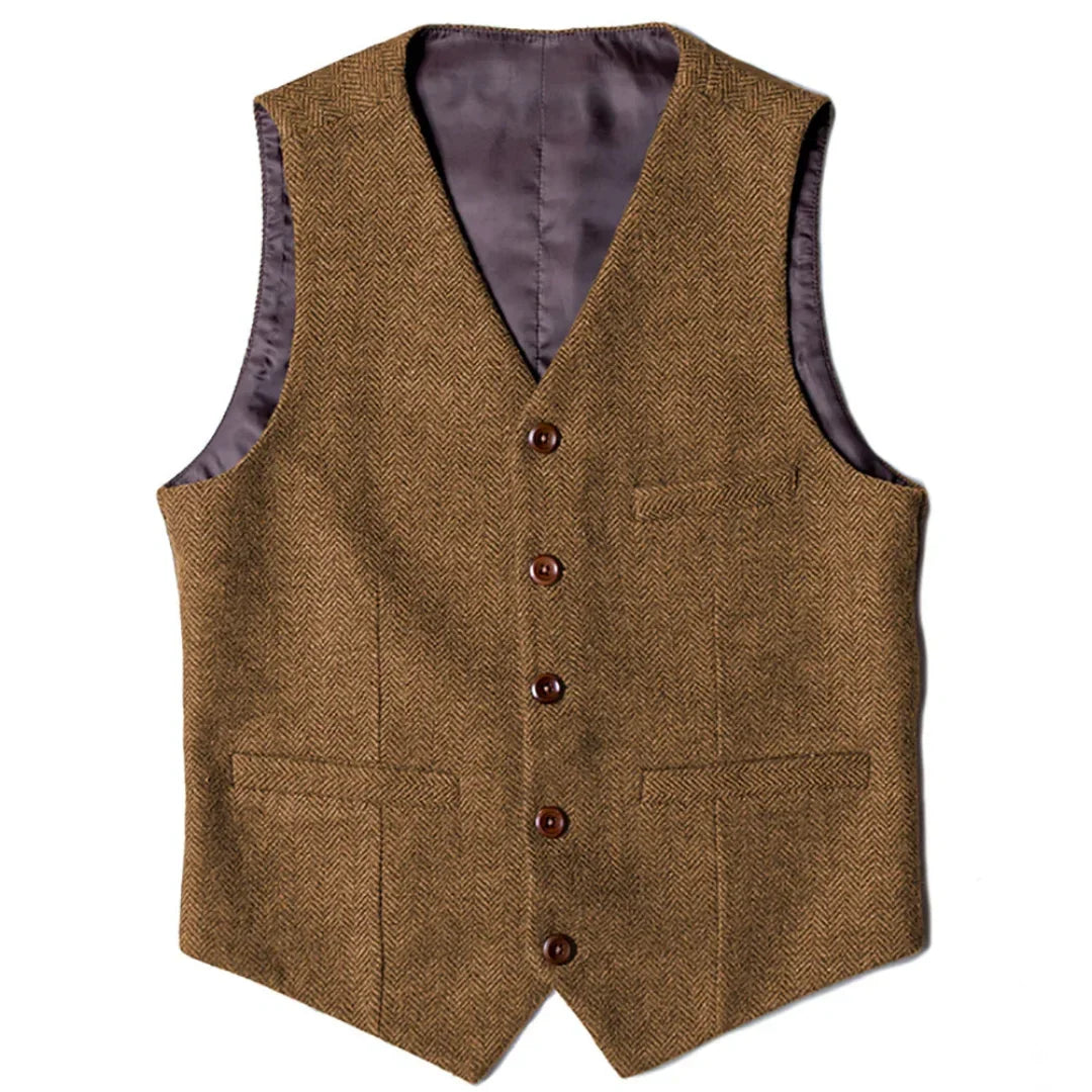 Men's Herringbone Vest Single Button V-Neck Waistcoat for Wedding & Business