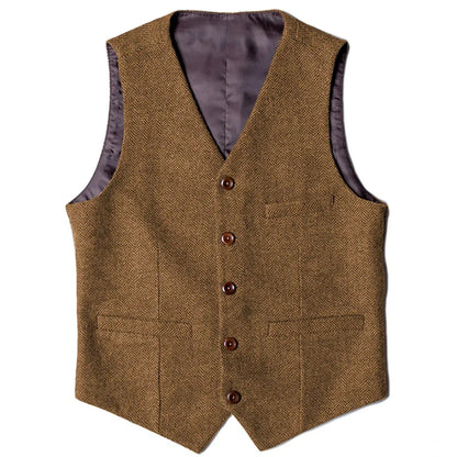 Men's Herringbone Vest Single Button V-Neck Waistcoat for Wedding & Business