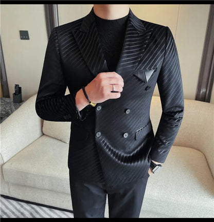 British Style Double Breasted Suit Jacket Men Striped Casual Business Blazers High Quality Wedding Social Banquet Dress Coats