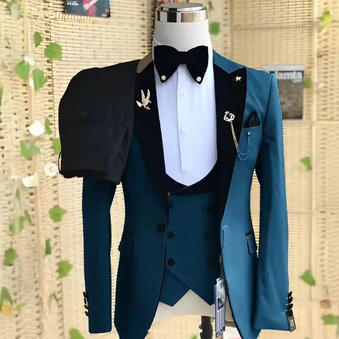Elegant 3 Piece Slim Fit Men's Tuxedo Suit Set for Wedding Prom Party - Solid Color Blazer Vest Pants Male Formal Wear