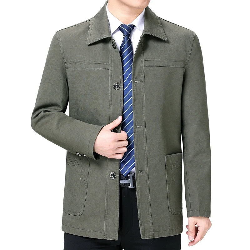Men's Middle-Aged Cotton Jacket Spring Autumn Lapel Trench Coat Large Size with Buttons Fashionable Classic Outerwear