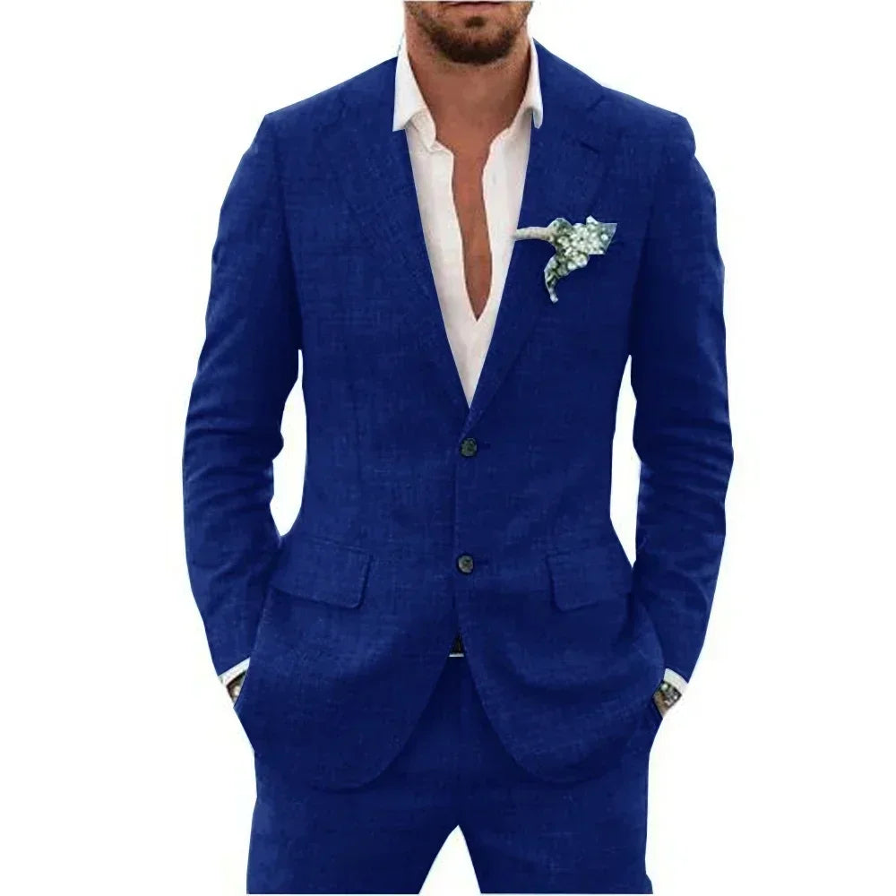 Terno de linho casual masculino, 2 peças, blazer, calça, conjunto slim fit, verão, praia, festa, casamento, baile, noivo, smokin