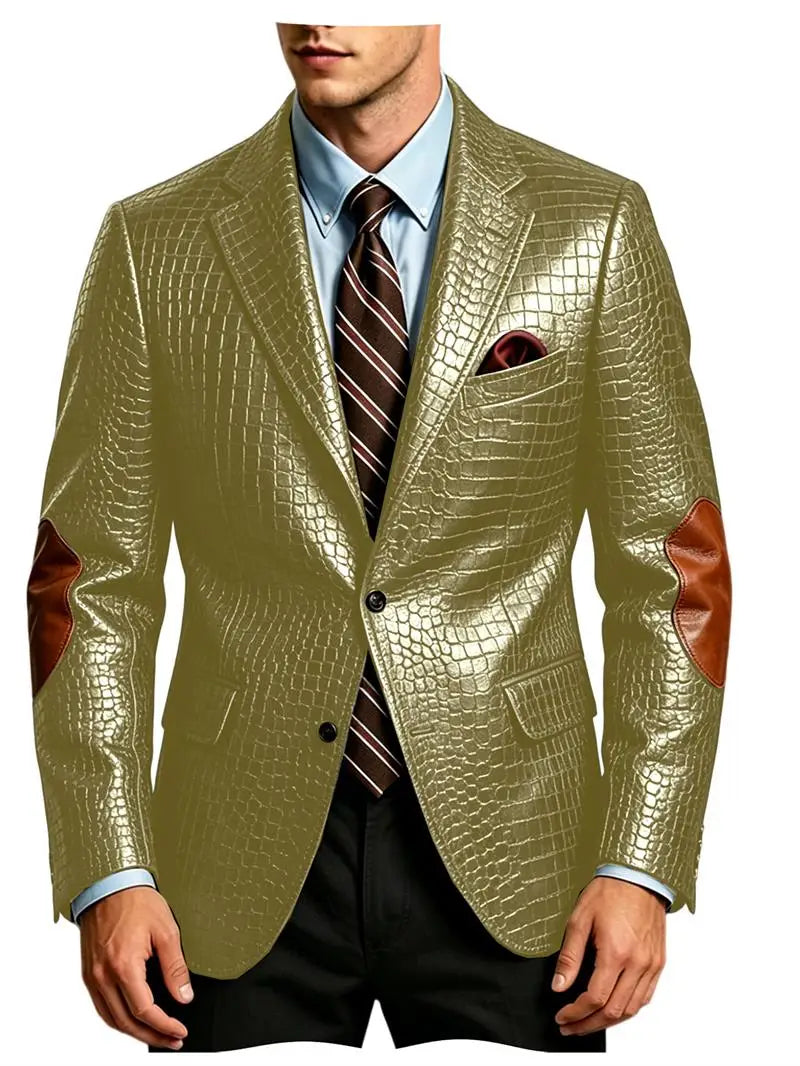 Men's Crocodile Embossed Leather Brown Jacket Patchwork Lapel Collar Slim Fit Luxury PU Blazer For Business Casual Party