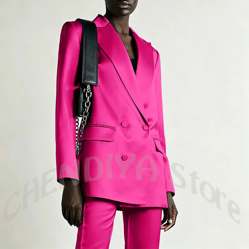 Tailored Business Attire Women Suit Elegant Satin Pink Peaked Lapel Slim Double Breastde Outfit Two Piece Office Work Female Set