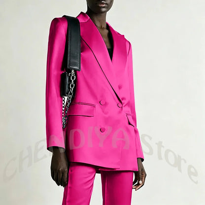 Tailored Business Attire Women Suit Elegant Satin Pink Peaked Lapel Slim Double Breastde Outfit Two Piece Office Work Female Set