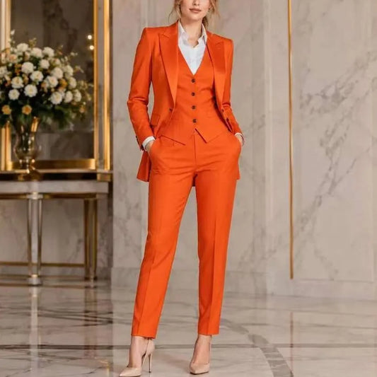 New Orange Formal Business Women Suit Wedding Party Prom Ladies Mother Girl Tuxedos Costume 3 Piece Set Blazer Vest Pants