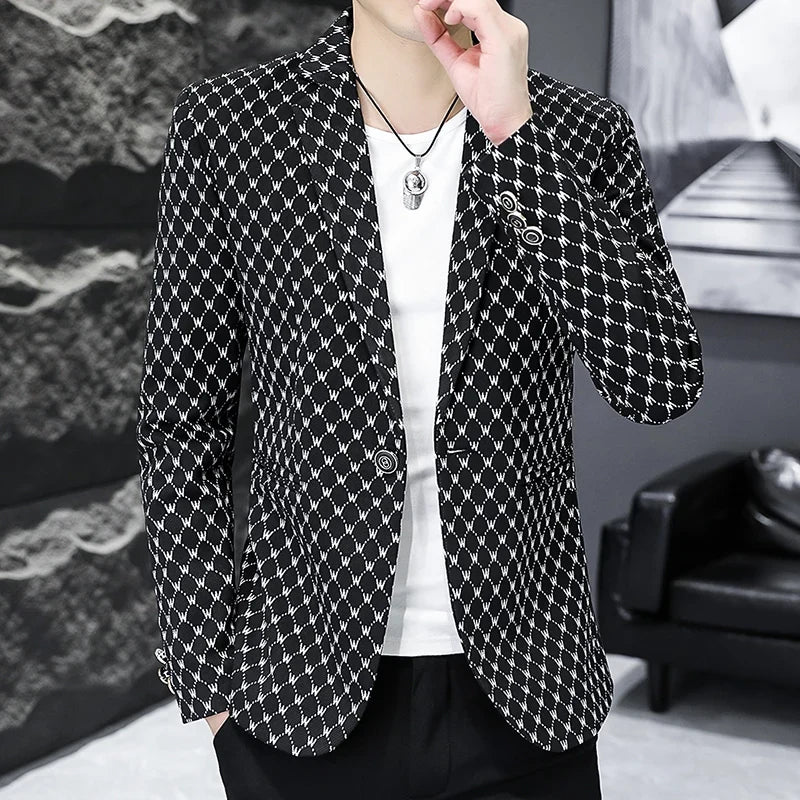 Korean Letter Print Men Blazers Brand 2024 Spring Casual Business Suit Jackets Slim Fit Street Wear Social Jacket Men Clothing