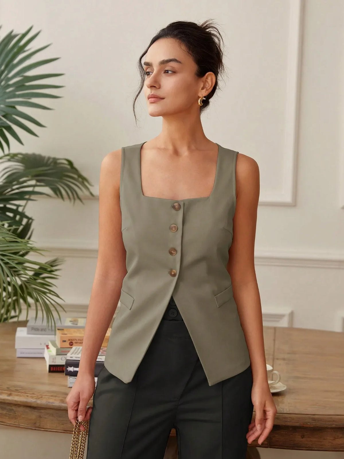 Summer temperament commuter vest vest solid color waistband square collar wide shoulder waistcoat