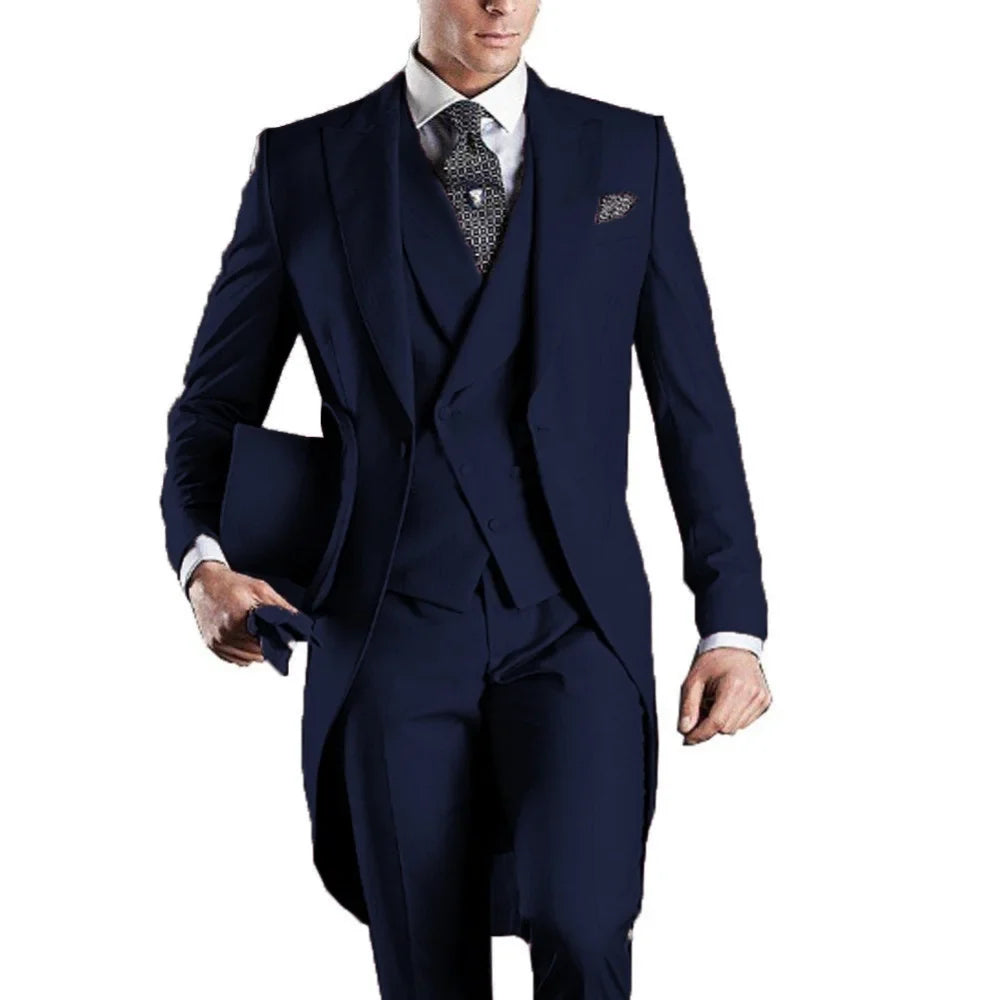 Men's Monochromatic Tuxedo Set Business Smoking Wedding Dress Blazer Jacket Vest Pants 3-Piece Suit for Formal Occasions