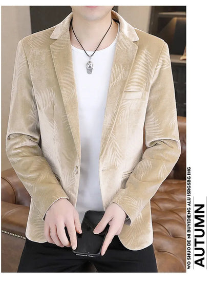 Blazer Men's Fashion Business Gentleman Groom Professional Gentleman Casual Velvet Bamboo Leaf Flower Dress High-end Blazer