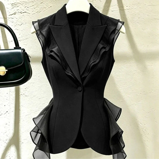 2026 New Black Suit Vest Female Summer Korean Fashion Spliced Flounces Sleeveless Blazers Jacket Waistcoat Women Outerwear Tops
