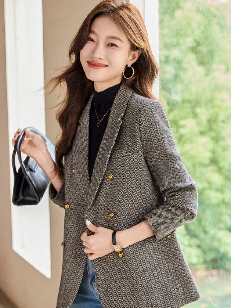 Fashion Grey Blazer Women Coffee Long Sleeve Casual Jacket for Autumn Winter Female Coats Double-Breasted Suit Women’s Clothing