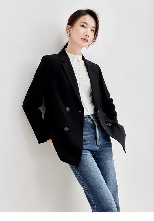 Black Tailoring Blazer Women 2026 Elegant Notched Double Breasted Jacket New In Outerwears Woman Clothing 153XC8812X