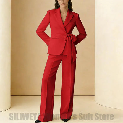 Women's Suit 2 Piece Bow Belt Design Formal Outfit for Wedding Party Prom Office Fashion Peak Lapel Daily Casual Lady Suits