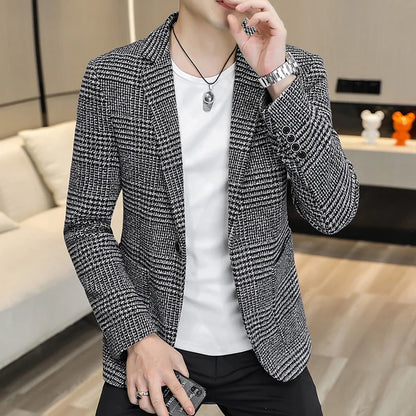 Men's Slim Fit Blazer Single Breasted Plaid Smart Casual Suit Jacket