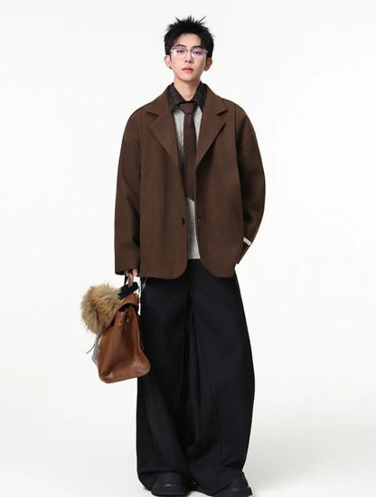 Men's British Style Brown Wool Blend Blazer Korean Loose Lapel Chic Autumn Fashion Suit Jacket