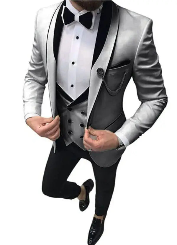 Light Grey Jacket Royal Blue Vest Pant Men Suit Slim Fit 3 Piece Tuxedo Costume Homme Groom Wedding Suits Terno Masculino