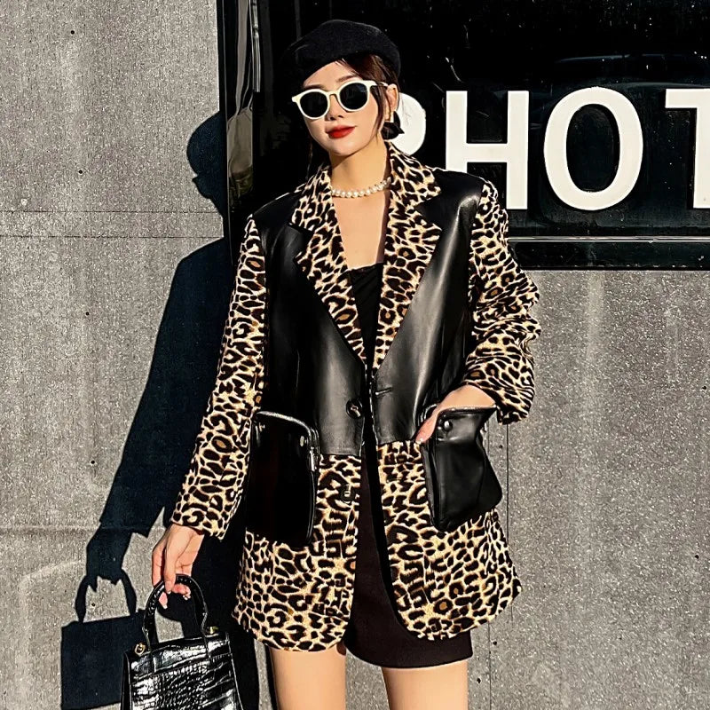 Fashion Women Sheepskin Spliced Mid-Long Blazers Coat Long Sleeve Notched Collar Single Breasted Zipper Pocket Casual Jacket Top