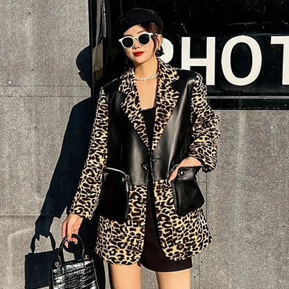 Fashion Women Sheepskin Spliced Mid-Long Blazers Coat Long Sleeve Notched Collar Single Breasted Zipper Pocket Casual Jacket Top